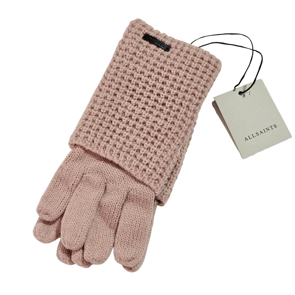 All Saints Gloves Misty Rose Pink Angled Stitch Marled Wool Blend Knit Outdoor
